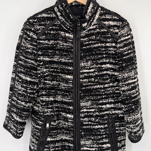 Carlisle Womens Black Tweed Coat jacket Zip wool blend leather trim Size 12 - Picture 6 of 13